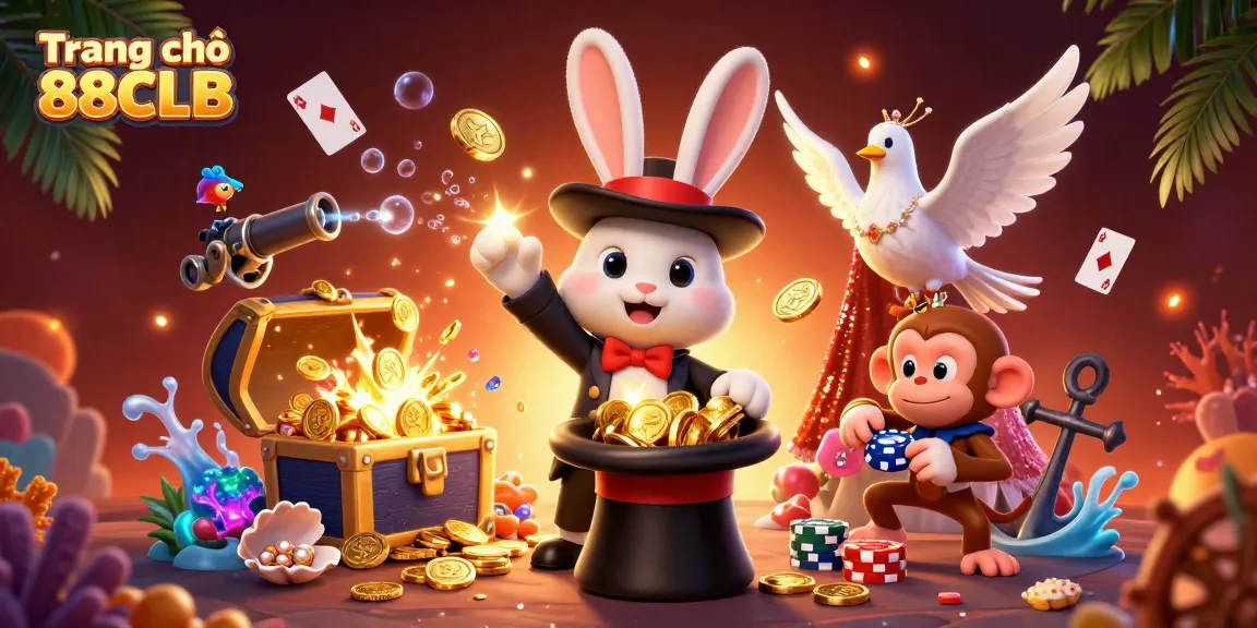 Engage with Trang chủ 88CLB as a cartoon magician rabbit reveals golden coins in a vibrant casino scene.