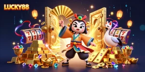Experience the thrill of LUCKY88 with vibrant characters and dynamic slot elements in this captivating 3D illustration.