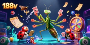Experience thrilling action at 188v casino with a giant mantis and ladybug in this dynamic gambling scene.