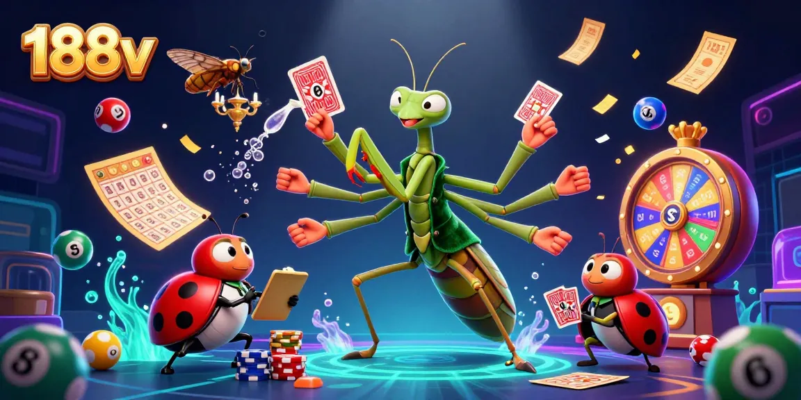 Experience thrilling action at 188v casino with a giant mantis and ladybug in this dynamic gambling scene.