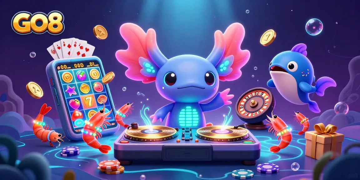Engage with GO8’s vibrant gaming scene, showcasing slots and characters immersed in excitement.