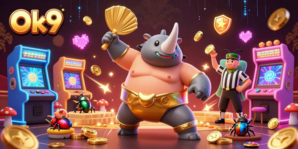 Win exciting jackpots like Ok9 with a sumo champion beetle amidst vibrant casino games.