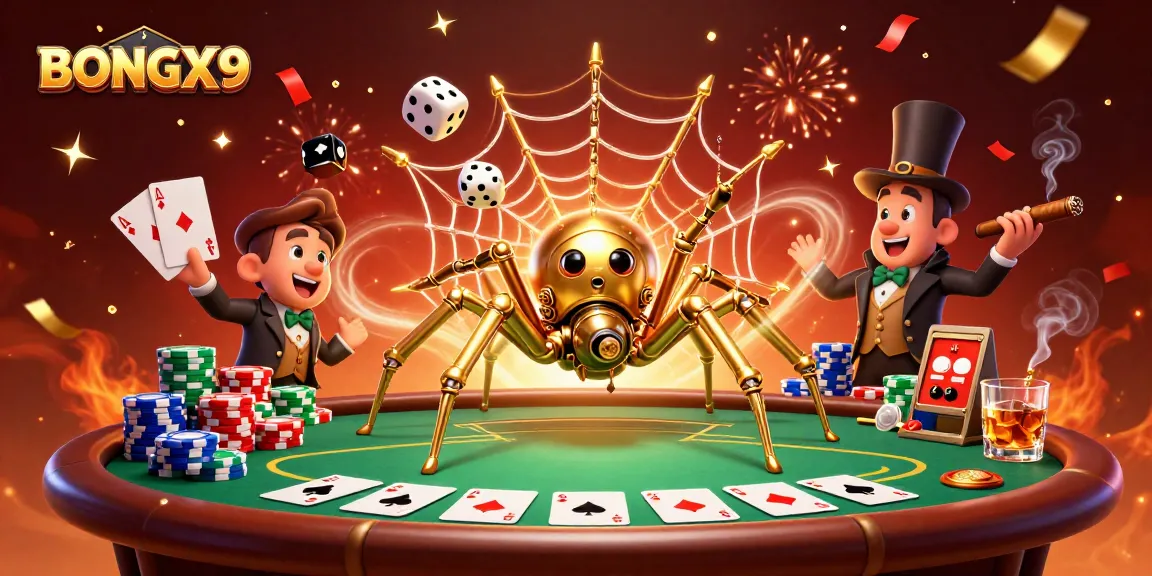 BONGX9 captures an intricate 3D scene with a steampunk spider and poker elements, showcasing vibrant casino action.