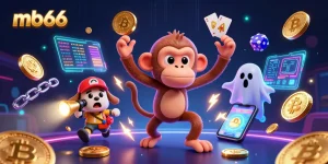 Experience the excitement of mb66 with a dynamic 3D casino illustration featuring a playful monkey and ghost-hunter puppy.