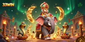 33WIN offers thrilling online gaming experiences with a rich 3D illustration featuring a majestic maharaja, elephants, and ornate decorations.