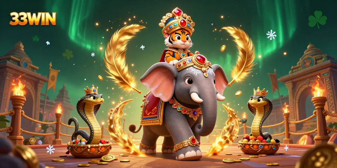 33WIN offers thrilling online gaming experiences with a rich 3D illustration featuring a majestic maharaja, elephants, and ornate decorations.