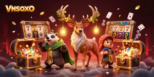 Exciting gameplay at VNSOXO showcased by a Celtic druid stag and treasure elements.
