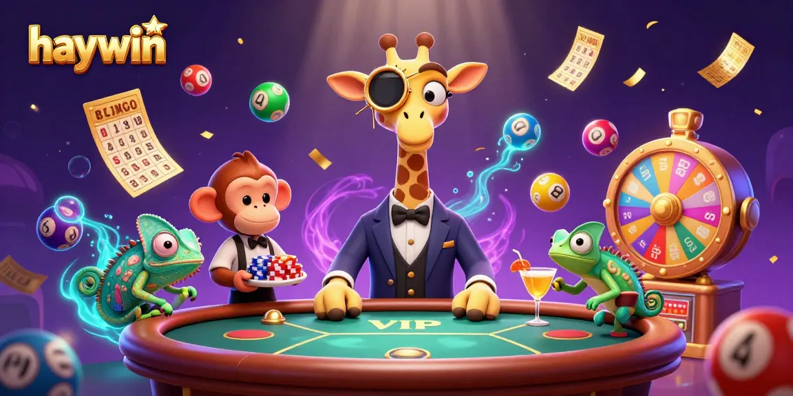 Join the excitement at Haywin with a vibrant casino scene featuring a giraffe, monkey, and chameleon!