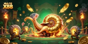 Engage with Nhà Cái X88's vibrant 3D illustration showcasing dynamic gambling elements and an ancient nautilus roulette wheel.