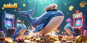 Aalo8 gameplay comes alive with a massive whale and playful dolphins amidst casino coins and arcade elements.