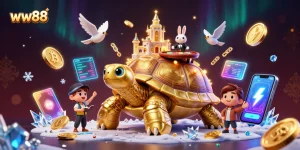 Experience the thrill of WW88's dynamic casino with a golden tortoise, rabbit dealer, and flying coins.