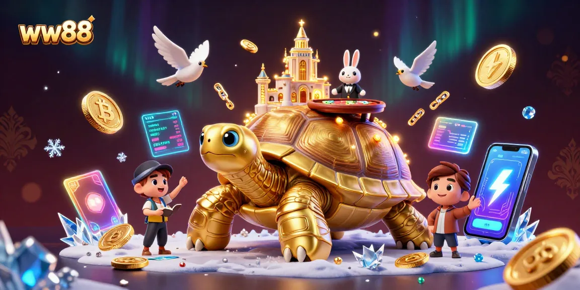 Experience the thrill of WW88's dynamic casino with a golden tortoise, rabbit dealer, and flying coins.