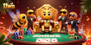Engage with the vibrant 11wn casino scene featuring a bumblebee mob boss and poker elements.