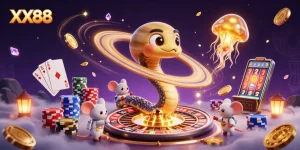 Experience thrilling gaming action at XX88 with dynamic characters and engaging casino elements.