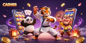 Experience thrilling slots at CASH88 with characters showcasing fun and excitement in a vibrant scene.
