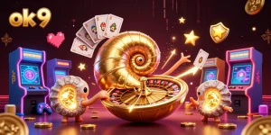 Experience the excitement of ok 9 as a giant nautilus holds cards surrounded by vibrant casino elements.