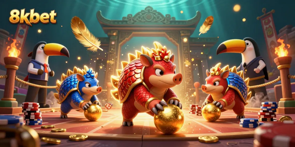 Experience the thrill of 8xbet with rival pangolins competing in a vibrant casino showdown.