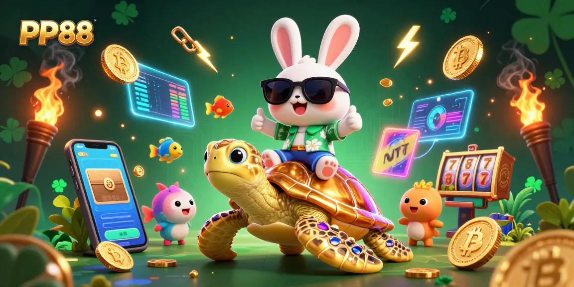 PP88 invites players to experience vibrant gaming with its lucky rabbit and golden turtle in a casino-themed illustration.