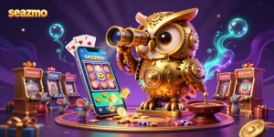 Experience the vibrant world of seazmo's casino with dynamic games and playful patrons in this stunning illustration.