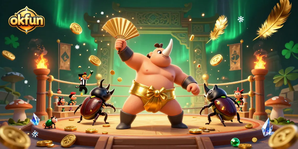 okfun engages players in an exhilarating casino experience featuring a beetle sumo champion and vibrant gaming elements.
