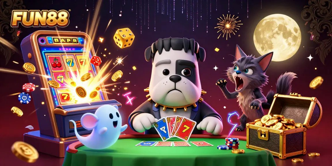 Experience thrilling gaming action with FUN88's lively 3D casino illustration featuring unique characters.