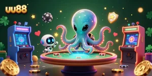 Experience thrilling poker at uu88 with a vibrant alien octopus dealer and floating chips in a cosmic setting.