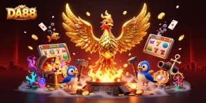 Experience legendary wins with DA88's dynamic gaming scene showcasing slot reels, rich treasures, and vibrant casino action.
