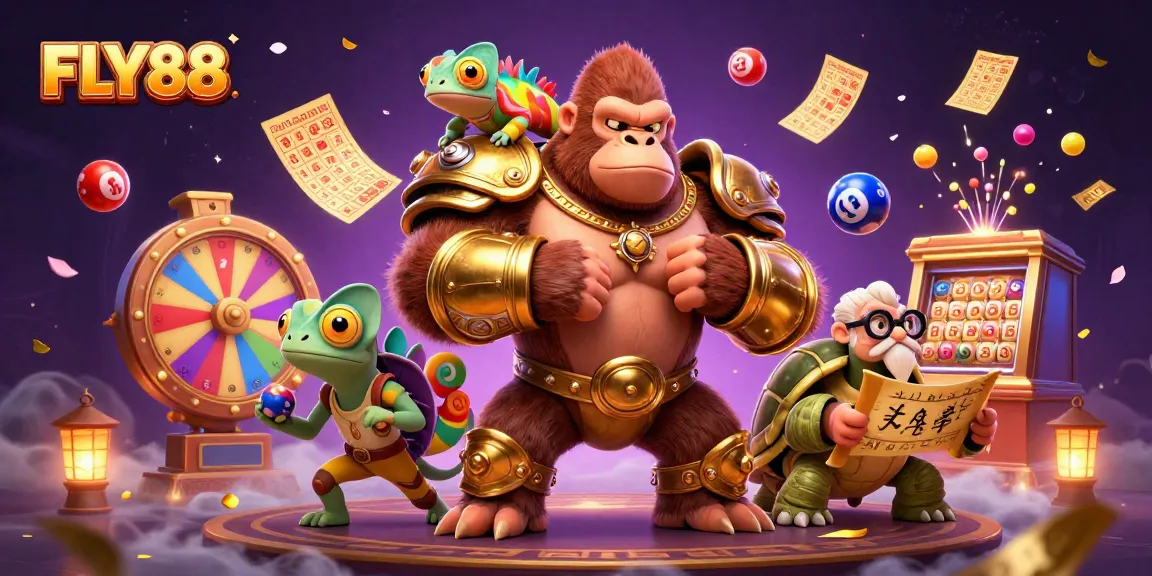 FLY88 featuring dynamic casino elements with a gorilla king, chameleon spy, and wise tortoise illustrating gaming excitement.