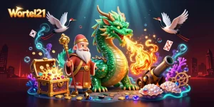 Engage with the enchanting Wortel21 casino, featuring a jade dragon, sage turtle, and lucky cranes amidst vibrant treasures.