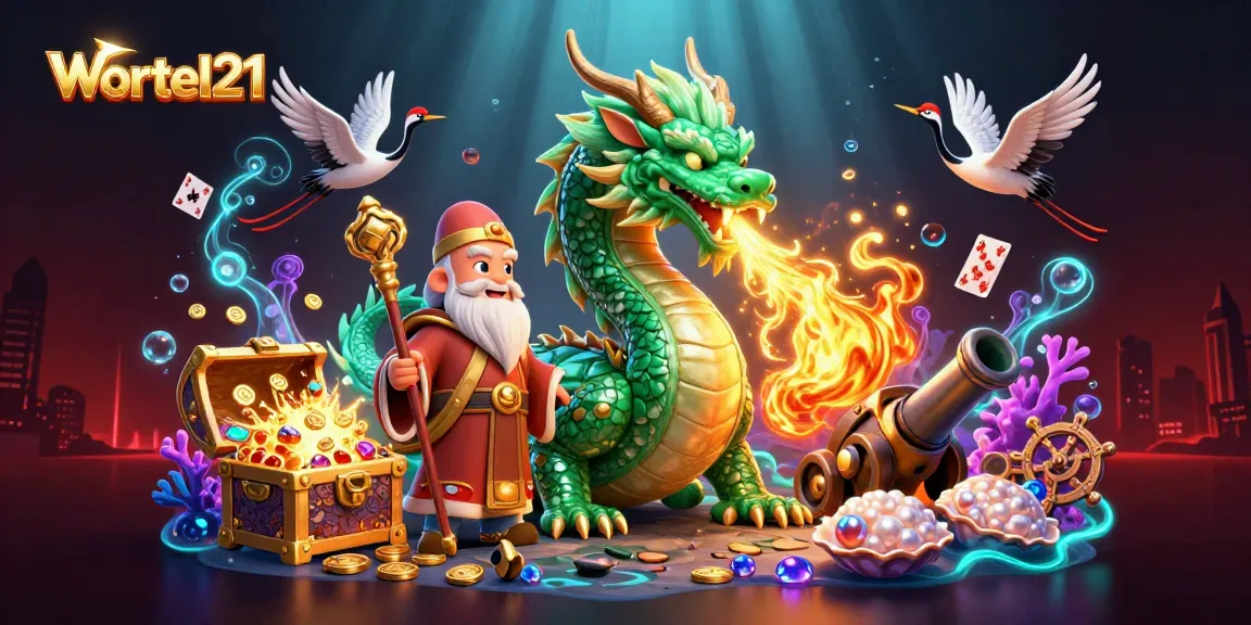 Engage with the enchanting Wortel21 casino, featuring a jade dragon, sage turtle, and lucky cranes amidst vibrant treasures.
