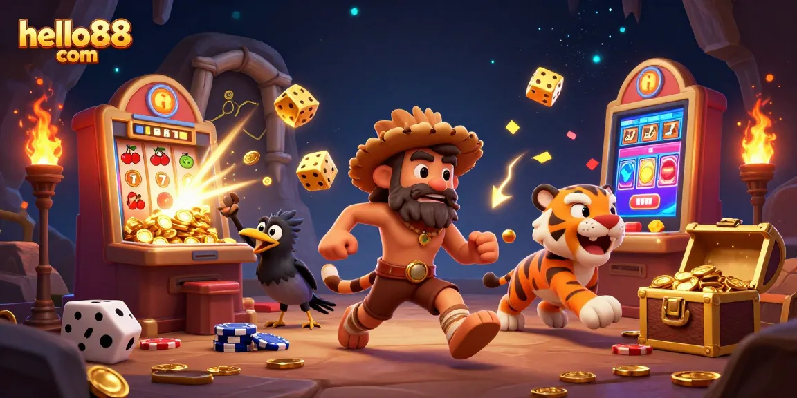 Experience thrilling gaming action at hello88 com with a vibrant prehistoric casino scene.