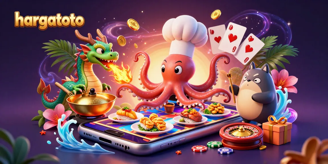 Spin winning slots with hargatoto as the sushi chef octopus prepares golden dishes in an animated casino.
