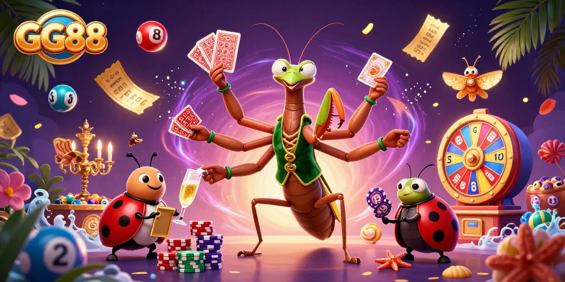 Experience the thrill of GG88 with a vibrant 3D illustration of card games and lucky elements.