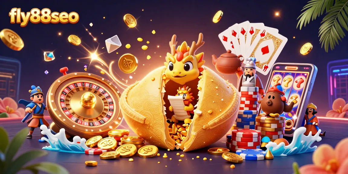 Experience dynamic casino action with fly88seo's vibrant gold-themed illustration featuring engaging gambling elements.