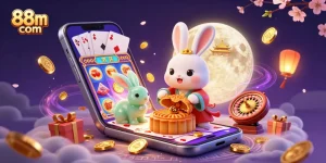 Experience the excitement of 88m com with a vivid illustration of a rabbit crafting mooncakes revealing poker chips, amidst casino elements.
