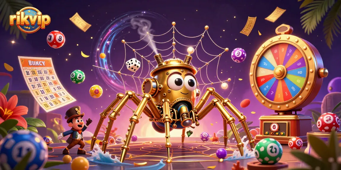 Engage with RIKVIP's exciting casino atmosphere filled with vibrant lottery balls and golden spider elements.