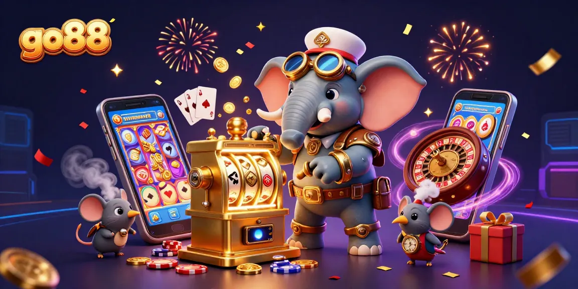 Engage with go88's thrilling slots as a 3D steampunk elephant rolls the jackpot machine.