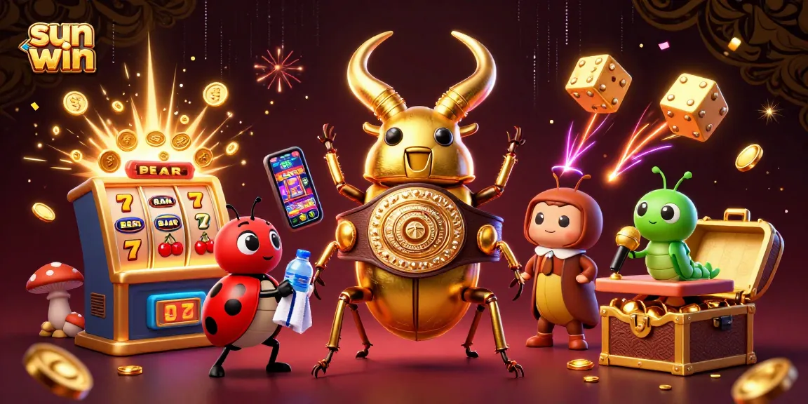 Experience sun win in a vibrant casino scene with a golden stag beetle and dynamic slot game elements.