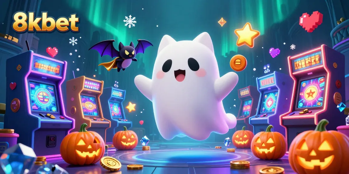 Engage in thrilling 8xbet gaming with a ghostly cat and vibrant casino elements.