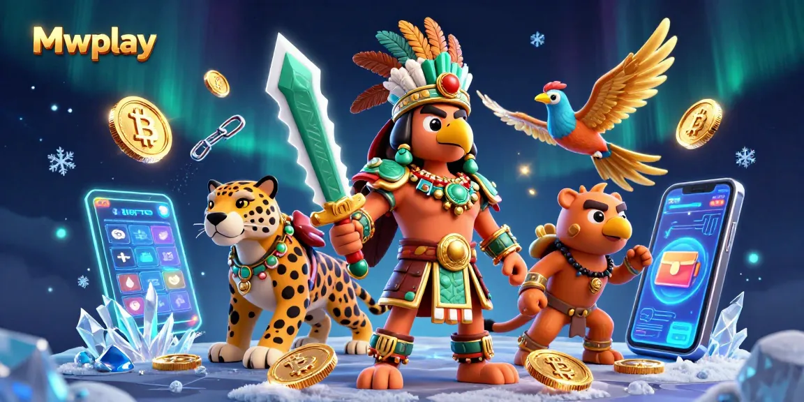 Experience thrilling casino action with Mwplay's festive 3D illustration featuring Aztec characters and crypto elements.