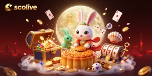 Socolive showcases an exciting casino-themed illustration featuring a folkloric moon rabbit and poker chips, immersed in vibrant elements.