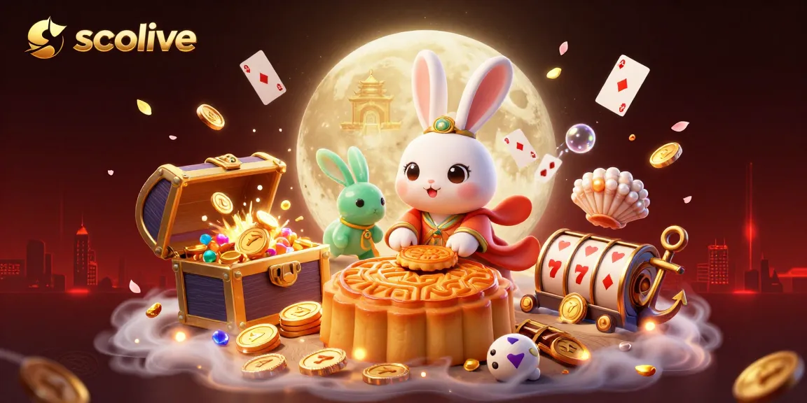 Socolive showcases an exciting casino-themed illustration featuring a folkloric moon rabbit and poker chips, immersed in vibrant elements.