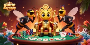 Engaging game đổi thưởng scene with a bee mob boss, poker table, and vibrant casino elements.