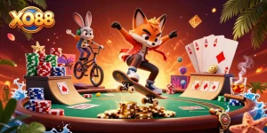 Experience the excitement of XO88 with a dynamic casino scene featuring thrilling characters and vibrant graphics.