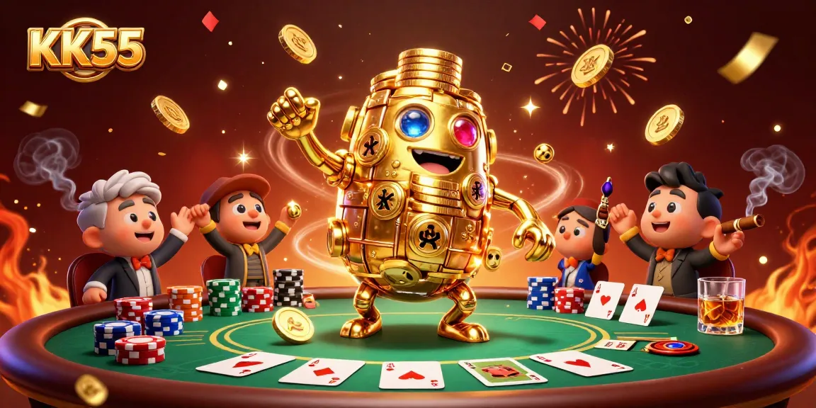 Engage in thrilling casino action with KK55's vibrant poker scene featuring a golden golem.