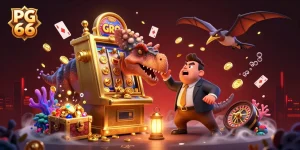 Experience PG 66 with a pachycephalosaurus winning coins from a slot machine in vibrant 3D