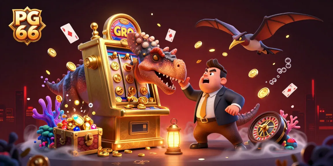 Experience PG 66 with a pachycephalosaurus winning coins from a slot machine in vibrant 3D
