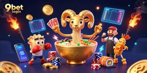 Experience the vibrant 9bet login scene featuring animated characters and crypto elements engaging players.