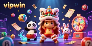 Engage in thrilling gameplay with vipwin in this vibrant 3D illustration featuring lottery action.