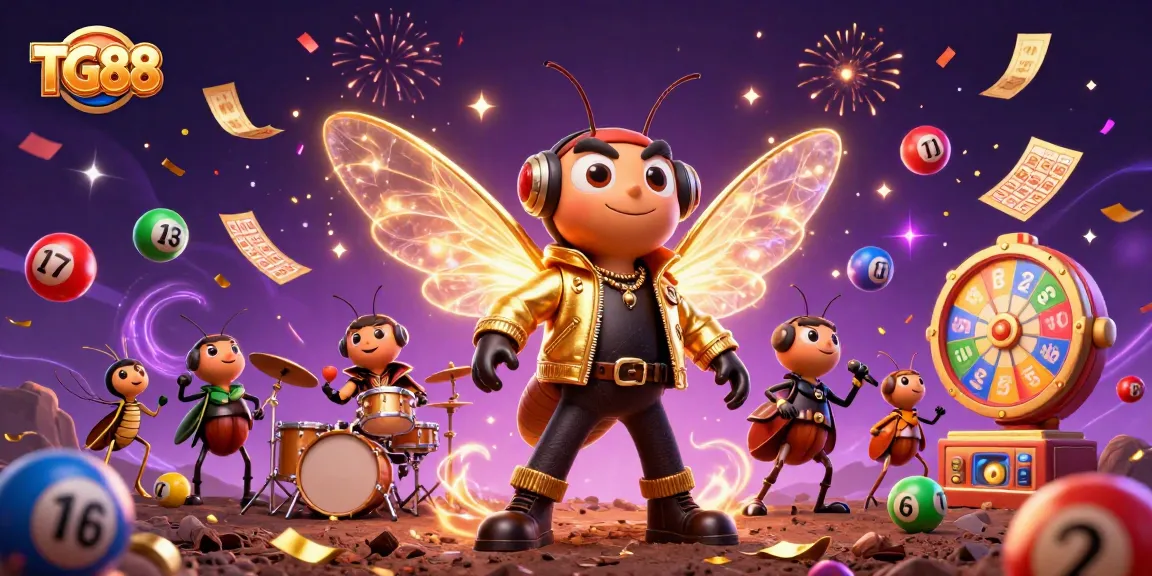 Engage with TG88, a vibrant casino illustration featuring a rock star cicada, a drummer beetle, and colorful lottery elements.